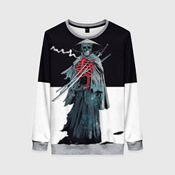 Женский свитшот Скелет Самурай с трубкой на черно белом фоне