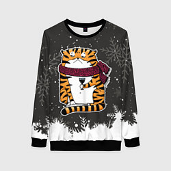 Свитшот женский Тигр с бокалом вина, цвет: 3D-черный