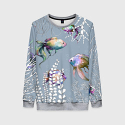 Женский свитшот Разноцветные акварельные рыбки и белые водоросли