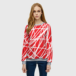 Свитшот женский Белые линии на красном фоне Абстракция, цвет: 3D-меланж — фото 2
