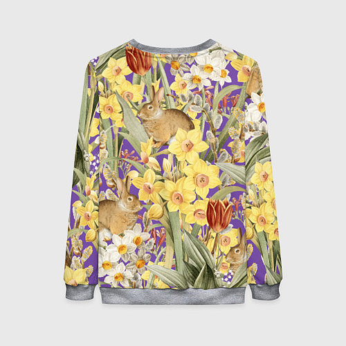 Женский свитшот Цветы Нарциссы и Зайцы / 3D-Меланж – фото 2
