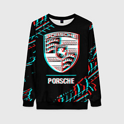 Женский свитшот Значок Porsche в стиле Glitch на темном фоне
