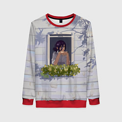 Свитшот женский Человек-бензопила Аса Митака в окне, цвет: 3D-красный