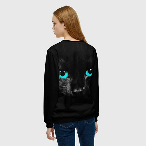 Женский свитшот Чёрный кот с бирюзовыми глазами / 3D-Черный – фото 4