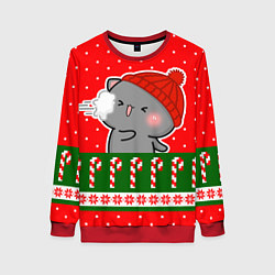 Свитшот женский Серый котик - играет в снежки, цвет: 3D-красный