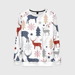 Свитшот женский Олени в новогоднем лесу, цвет: 3D-белый