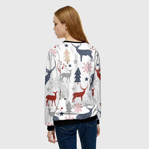 Женский свитшот Олени в новогоднем лесу / 3D-Черный – фото 4