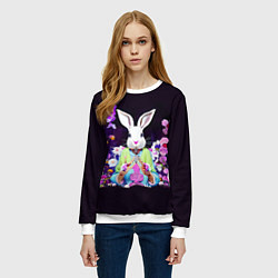 Свитшот женский Кролик в цветах на черном фоне, цвет: 3D-белый — фото 2