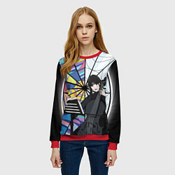 Свитшот женский Уэнсдэй играет на виолончели на фоне окна, цвет: 3D-красный — фото 2