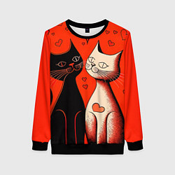 Свитшот женский Влюблённые кошки на красном фоне, цвет: 3D-черный