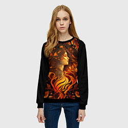 Свитшот женский Девушка в стиле ар-нуво с огнем и осенними листьям, цвет: 3D-черный — фото 2