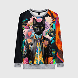 Свитшот женский Модный чёрный кот - нейросеть - мода, цвет: 3D-меланж