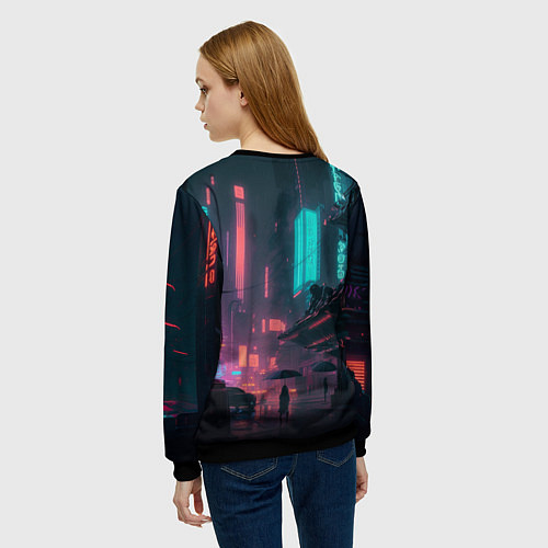 Женский свитшот Кот в киберпанке / 3D-Черный – фото 4