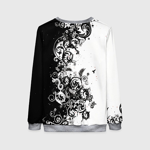 Женский свитшот Черно-белая птица среди узорчатых цветов / 3D-Меланж – фото 2