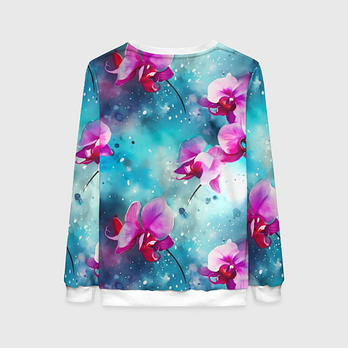 Женский свитшот Розовые орхидеи на бирюзовом - паттерн акварель / 3D-Белый – фото 2