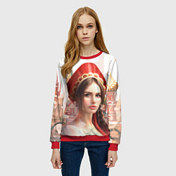 Свитшот женский Девушка в кокошнике с косой - кремль, цвет: 3D-красный — фото 2