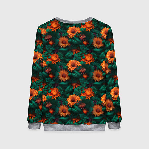 Женский свитшот Оранжевые цветы и зеленые листья / 3D-Меланж – фото 2
