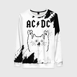 Свитшот женский AC DC рок кот на светлом фоне, цвет: 3D-белый