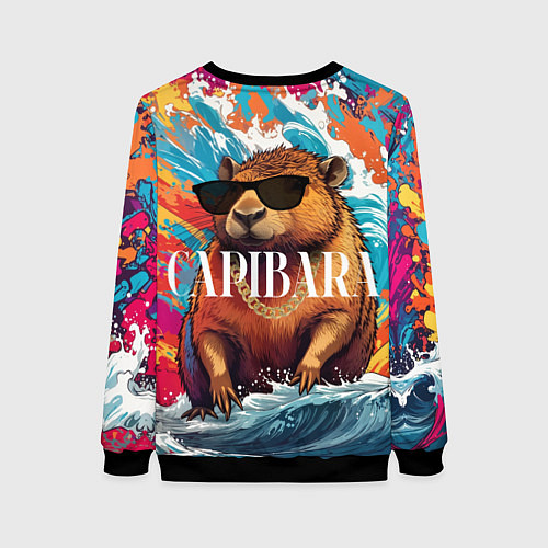 Женский свитшот Капибара в очках на красочных волнах / 3D-Черный – фото 2