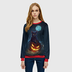 Свитшот женский Кот с тыквой - хэллоуин, цвет: 3D-красный — фото 2