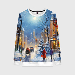 Свитшот женский Новогодний городской пейзаж, цвет: 3D-белый