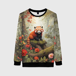 Свитшот женский Красная панда в лесу, цвет: 3D-черный
