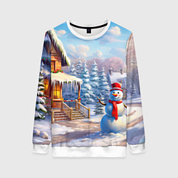 Свитшот женский Новогодняя деревня и снеговик, цвет: 3D-белый