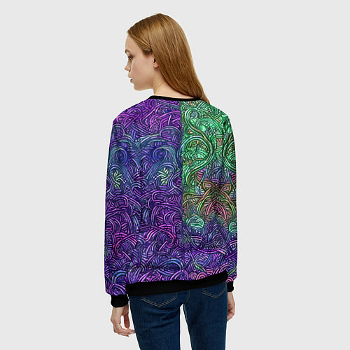 Женский свитшот Вьющийся узор фиолетовый и зелёный / 3D-Черный – фото 4