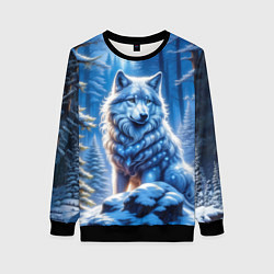 Свитшот женский Волк в зимнем ночном лесу, цвет: 3D-черный