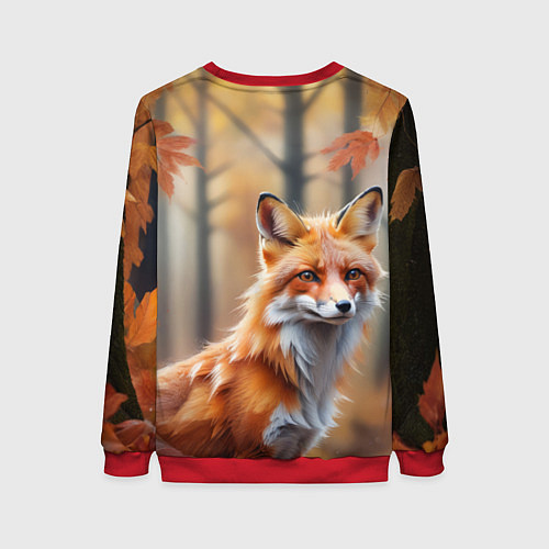 Женский свитшот Рыжая лисица в осеннем лесу / 3D-Красный – фото 2
