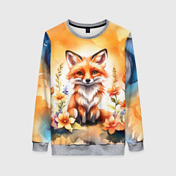 Свитшот женский Рыжая лиса с цветами акварелью, цвет: 3D-меланж