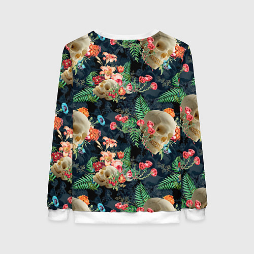 Женский свитшот Узор из черепов с цветами и листьями / 3D-Белый – фото 2