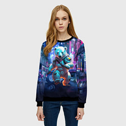 Свитшот женский Белый медведь в мегаполисе - киберпанк, цвет: 3D-черный — фото 2