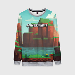 Свитшот женский Minecraft logo горы и озеро, цвет: 3D-меланж