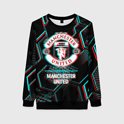 Свитшот женский Manchester United FC в стиле glitch на темном фоне, цвет: 3D-черный