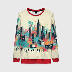 Свитшот женский Силуэты людей и небоскребов в брызгах краски, цвет: 3D-красный