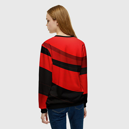 Женский свитшот Объемные волны абстракции и геометрии черно-красны / 3D-Черный – фото 4