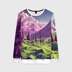 Свитшот женский Геометрический зеленый пейзаж и фиолетовые горы, цвет: 3D-белый