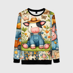 Женский свитшот Прикольный телёнок и его друзья - пэчворк