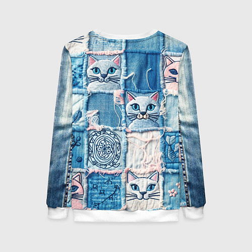 Женский свитшот Кошки на пэчворк джинсах паттерн / 3D-Белый – фото 2