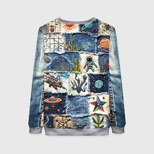 Женский свитшот Джинсовый пэчворк с пришельцами / 3D-Меланж – фото 2