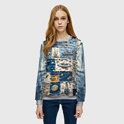 Свитшот женский Джинсовый пэчворк с пришельцами, цвет: 3D-меланж — фото 2