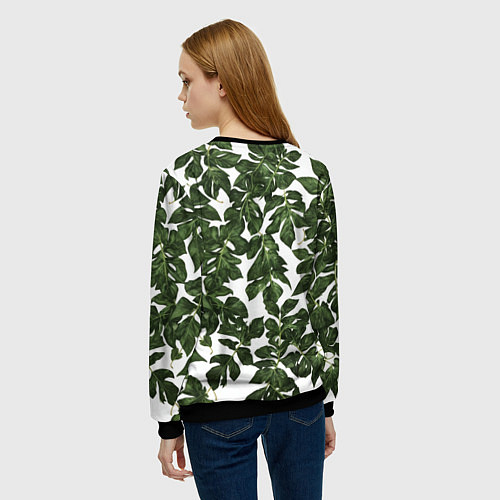 Женский свитшот Зеленые листочки на белом фоне / 3D-Черный – фото 4