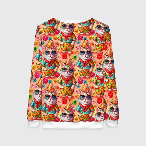 Женский свитшот Коты и летний вайб паттерн / 3D-Белый – фото 2