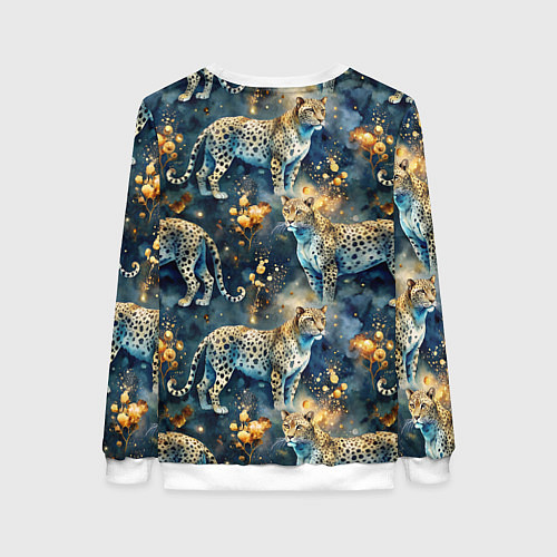 Женский свитшот Леопард и золотые капли на синем фоне / 3D-Белый – фото 2