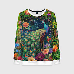 Свитшот женский Павлин в саду, цвет: 3D-белый