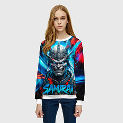 Свитшот женский Самурай синий неоновый демон со светящимися глазам, цвет: 3D-белый — фото 2