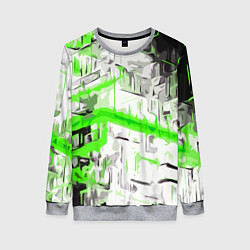 Женский свитшот Бело-зелёная абстракция на чёрном фоне