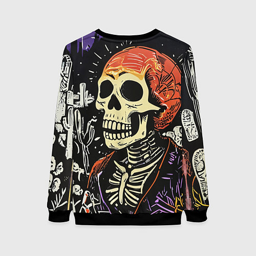 Женский свитшот Мексиканский скелет в пиджаке на кладбище / 3D-Черный – фото 2