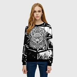 Свитшот женский Голова волка скандинавский узор тату, цвет: 3D-черный — фото 2